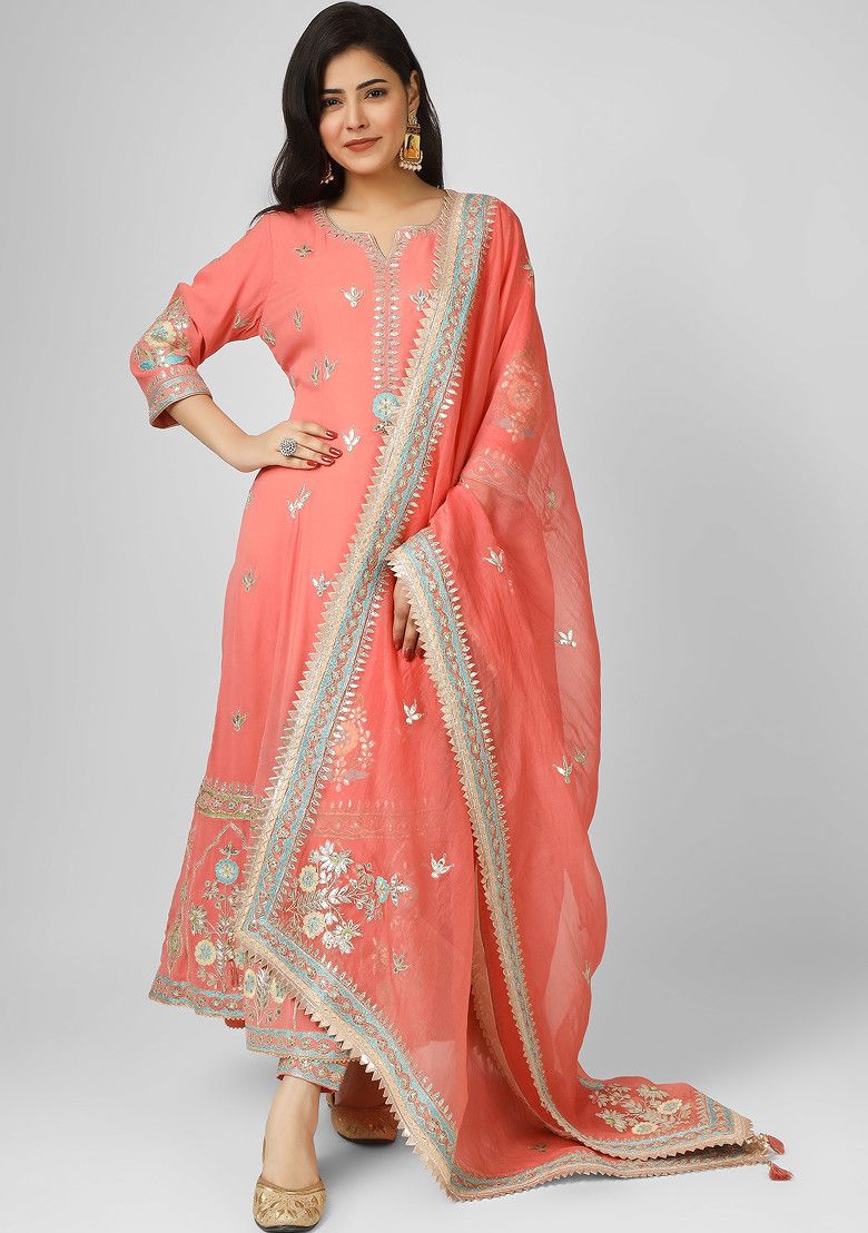 Pink Pietra Dura Machine Embroidered Silk Anarkali Set