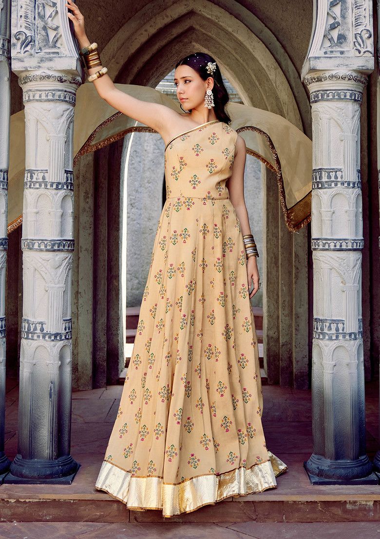 Gold Floral Print One Shoulder Anarkali Kurta