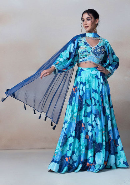 Blue Floral Print Sharara Set With Sequin Embroidered Blouse And Dupatta