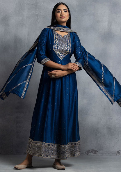 Blue Zari Embroidered Anarkali Kurta With Embroidered Dupatta