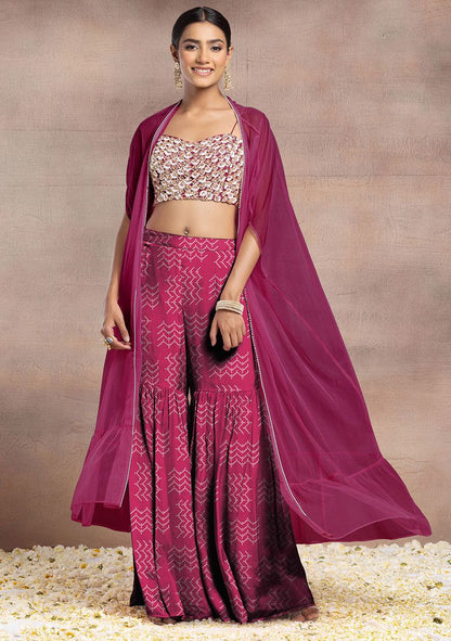 Pink Sharara Set With Pearl Sequin Hand Embroidered Blouse And Mesh Jacket