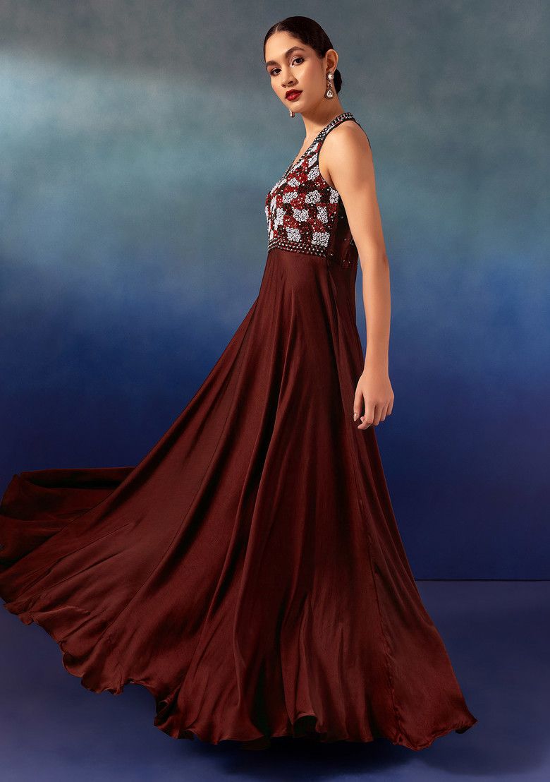 Deep Maroon Sequin Hand Embroidered Satin Gown