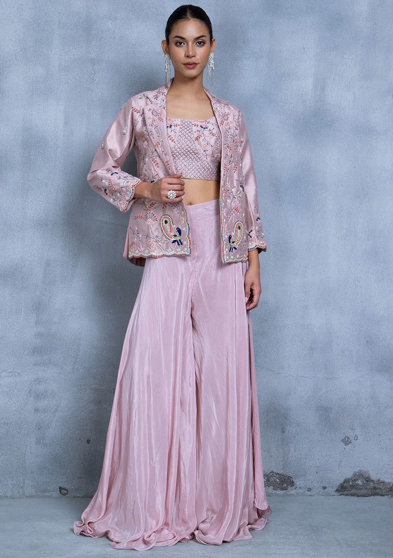 Pink Cutdana Bead Embroidered Sharara Set With Sequin Embellished Blouse And Jacket