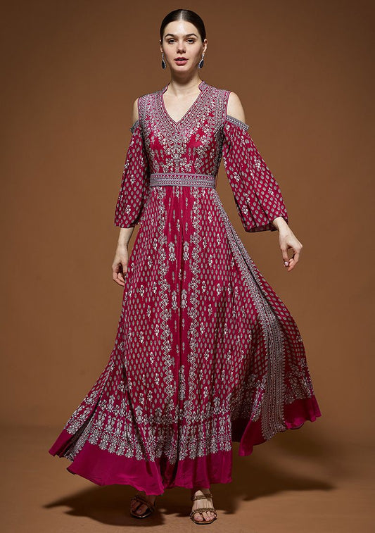 Fuchsia Rhinestones Embroidered Bemberg Crepe Gown