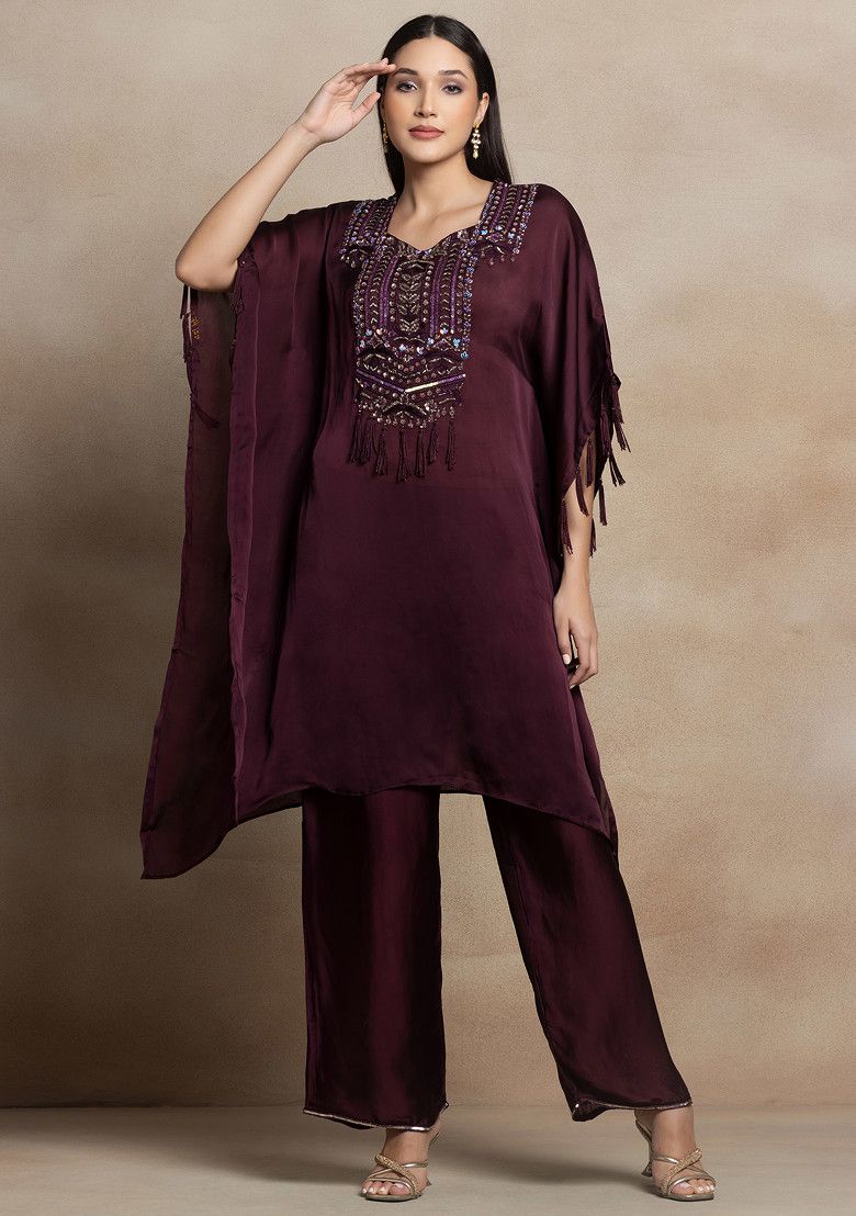 Deep Maroon Sequin Bead Embroidered Kaftan Kurta Set With Embroidered Pants