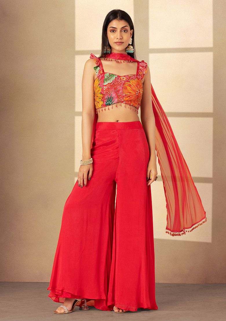 Hot Pink Sharara Set With Multicolour Floral Print Blouse And Choker Dupatta