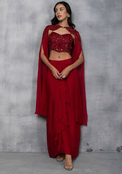 Red Embellished Cape Set With Sequin Cutdana Embellished Blouse And Skirt