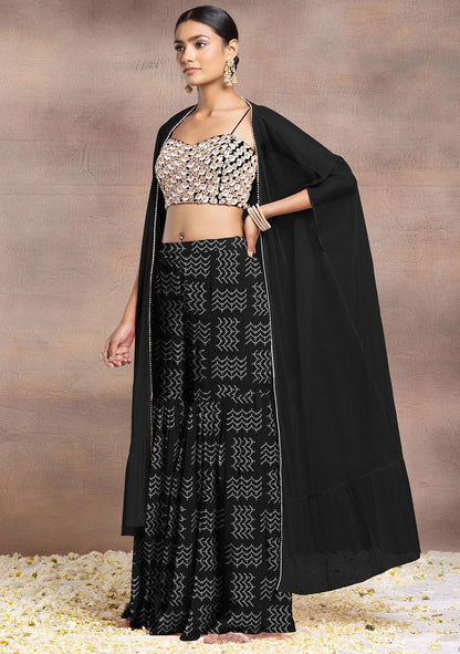 Black Sharara Set With Pearl Sequin Hand Embroidered Blouse And Mesh Jacket