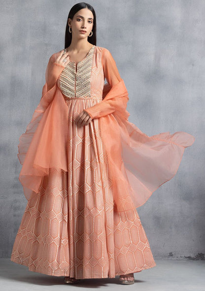 Dusty Pink Foil Grid Print Anarkali Gown With Organza Dupatta