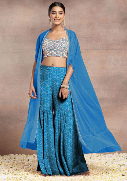 Blue Sharara Set With Pearl Sequin Hand Embroidered Blouse And Mesh Jacket