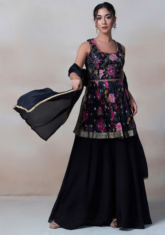 Black Floral Print Sharara Set With Sequin Embellished Short Kurta And Dupatta