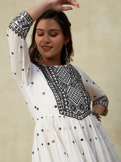 Solid Mirror & Resham Embroidered Gathered Short Mul-Cotton Kurta with Embroidered Sharara & Dupatta - White