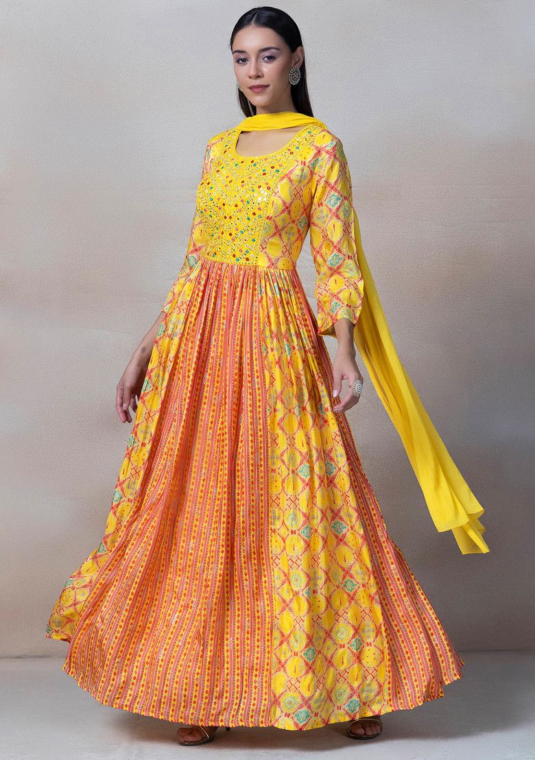 Yellow Mirror Embellished Anarkali Kurta With Chiffon Dupatta