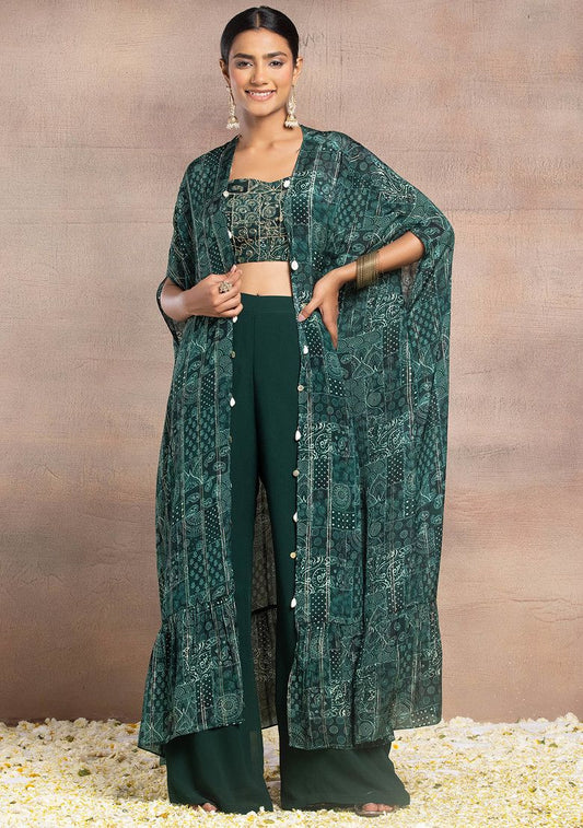 Deep Green Printed Jacket Set With Hand Embroidered Blouse And Palazzo