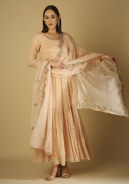 MONK AND MEI Peach Embroidred Anarkali Set