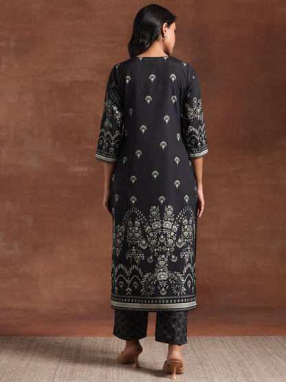 Black Printed Crepe Straight Kurta Set