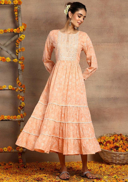 Peach Floral Print Cotton Tiered Maxi Dress