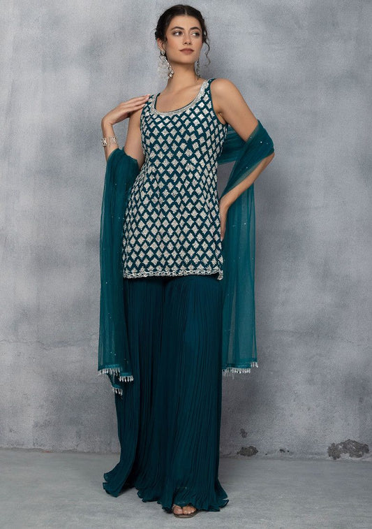 Deep Green Sharara Set With Sequin Embellished Short Kurta And Embellished Dupatta