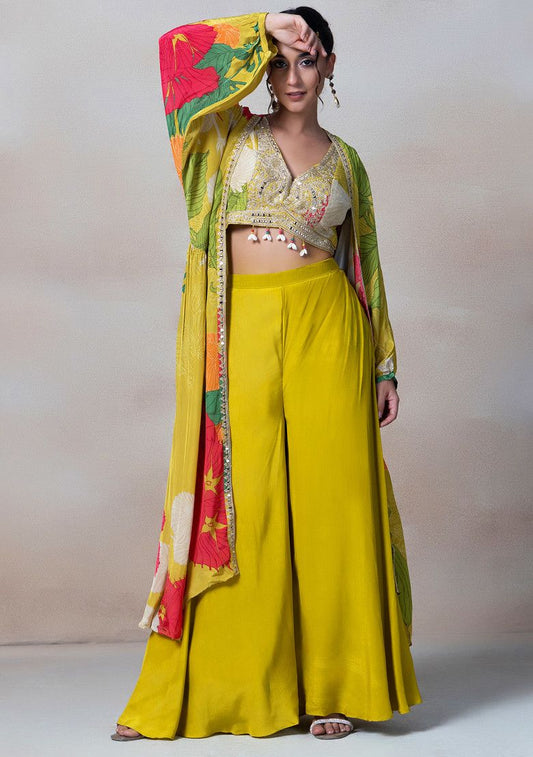 Yellow Floral Print Sharara Set With Sequin Embellished Blouse And Printed Jacket