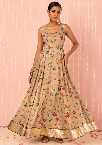 Gold Floral Print Maxi Anarkali Kurta