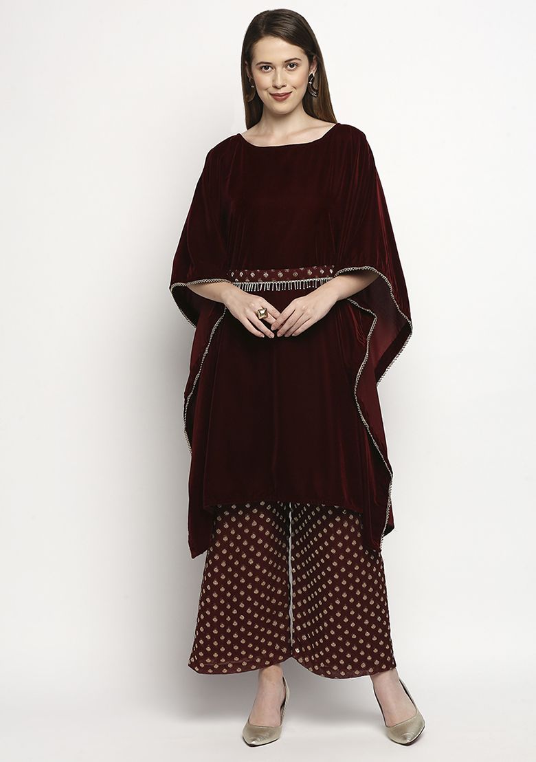 MONK AND MEI Maroon Embroidrered Velvet Kaftan Set