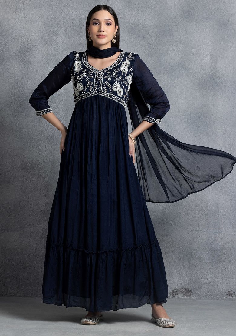 Navy Blue Floral Hand Embroidered Anarkali Kurta With Dupatta