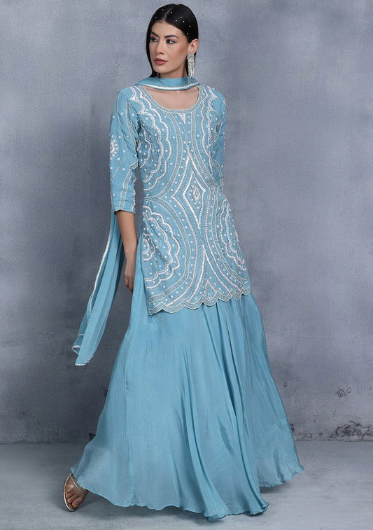 Sea Blue Draped Skirt Set With Bead Embellished Kurta And Dupatta