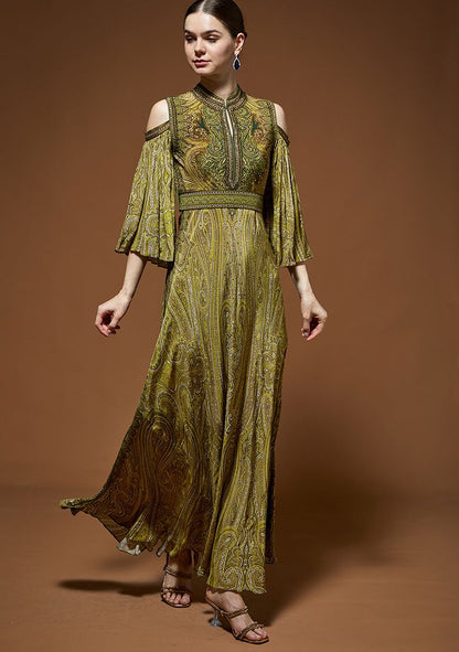 Olive Green Rhinestones Embroidered Bemberg Crepe Gown