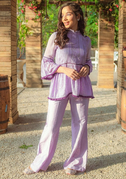 MONK AND MEI Purple Embroidered Georgette Chikankari Top And Tunic Set