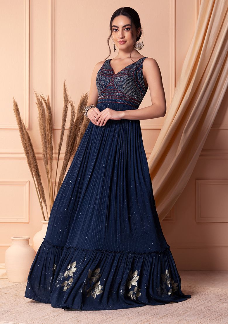 Navy Blue Thread Embroidered Tiered Anarkali Gown