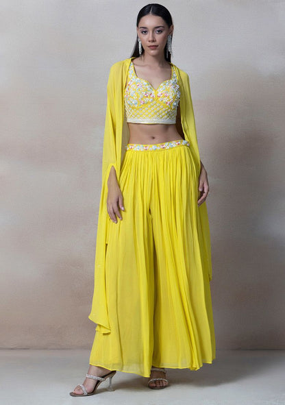 Yellow Bead Embroidered Sharara Set With Sequin Embellished Blouse And Jacket q