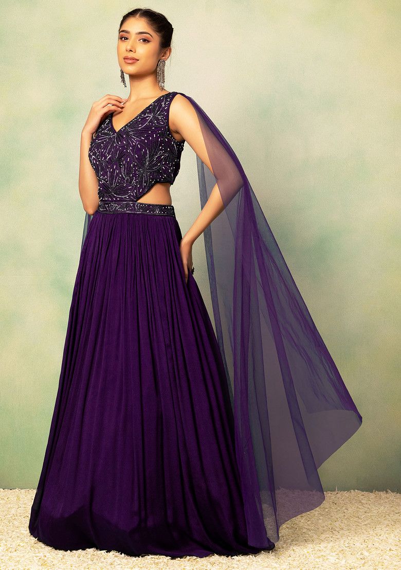 HAND EMBROIDERED Purple Pearl Embellished Side Cut Out Gown