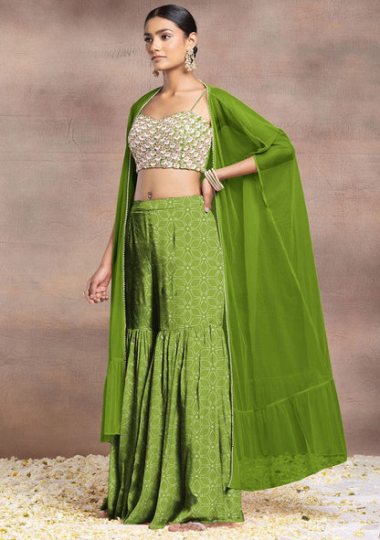 Green Sharara Set With Pearl Sequin Hand Embroidered Blouse And Mesh Jacket