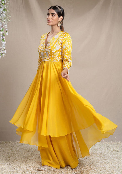 SANJEV MARWAAHA Yellow Applique Work Jacket Set