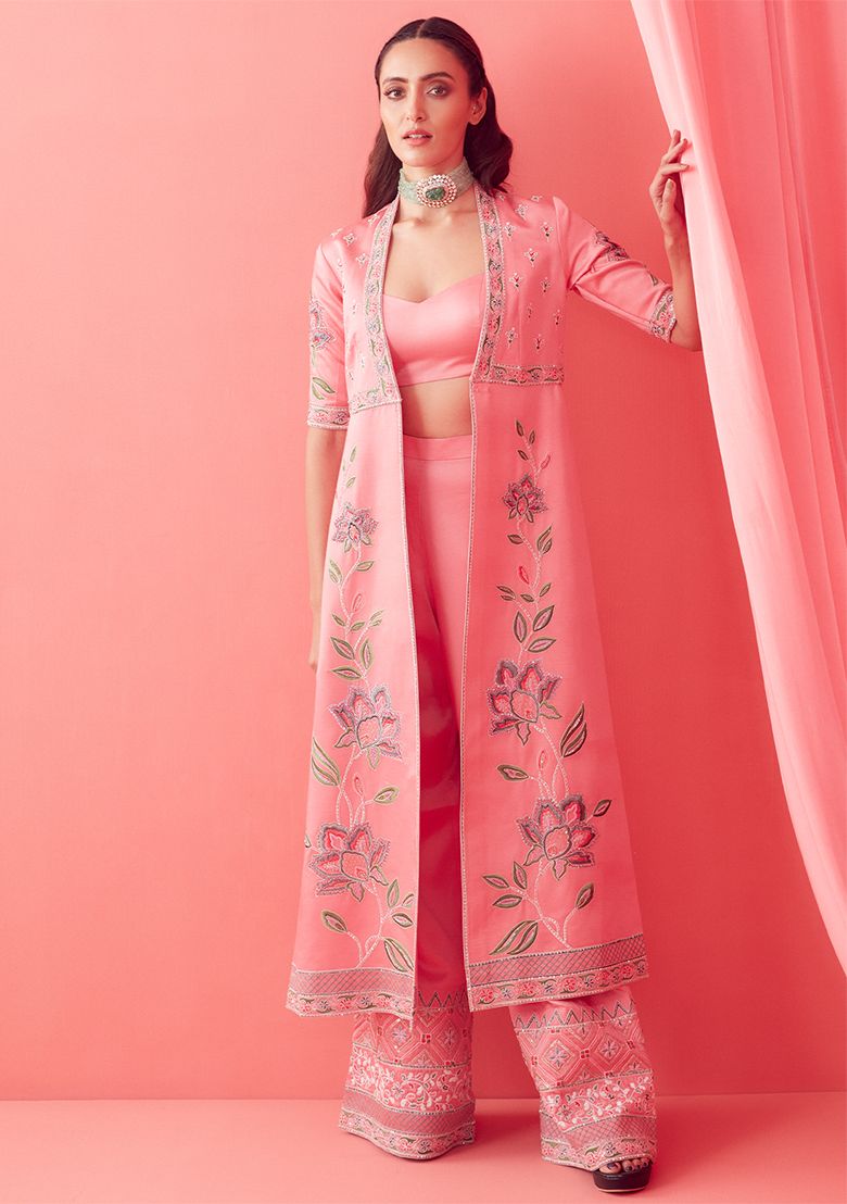 SANJEV MARWAAHA Soft Pink Thread Embroidered Jacket Set