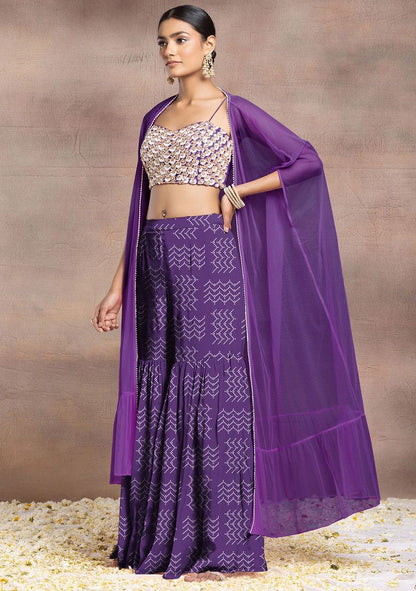 Purple Sharara Set With Pearl Sequin Hand Embroidered Blouse And Mesh Jacket