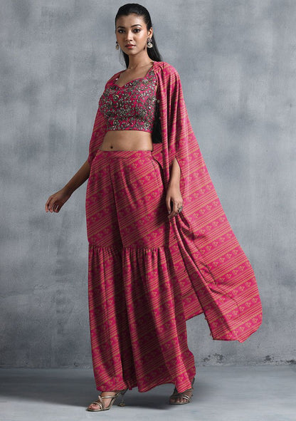 Pink Jacket Set With Sequin Hand Embroidered Blouse And Sharara