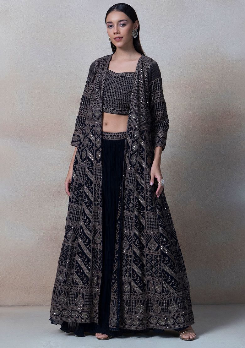 Black Lehenga Set With Zari Embroidered Blouse And Embroidered Jacket