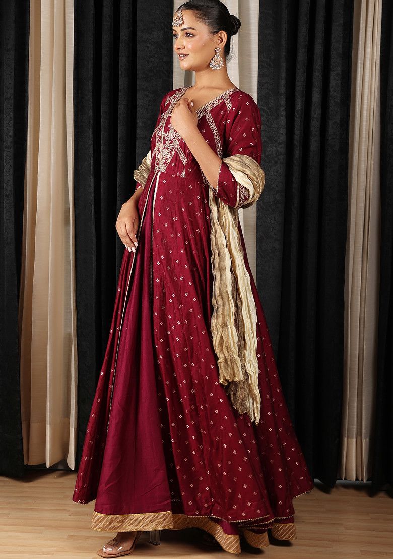 Maroon Embroidered Silk Chanderi And Tissue Silk Anarkali Set