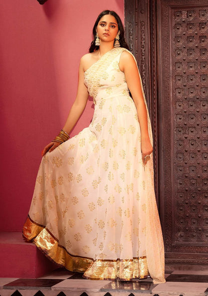 Ivory Foil Print One Shoulder Anarkali Kurta With Attached Drape