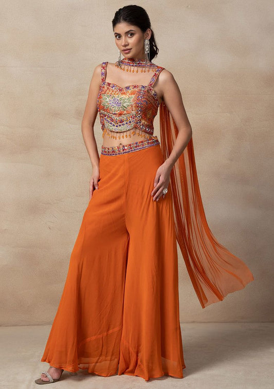 Orange Sharara Set With Mirror Embroidered Blouse And Dupatta