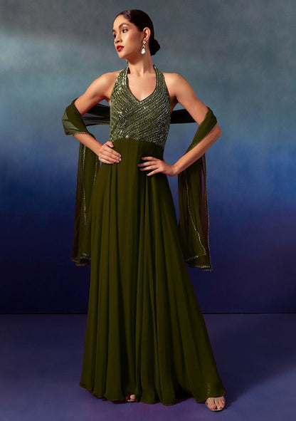 Olive Sequin And Bead Embellished Halter Anarkali Gown With Dupatta