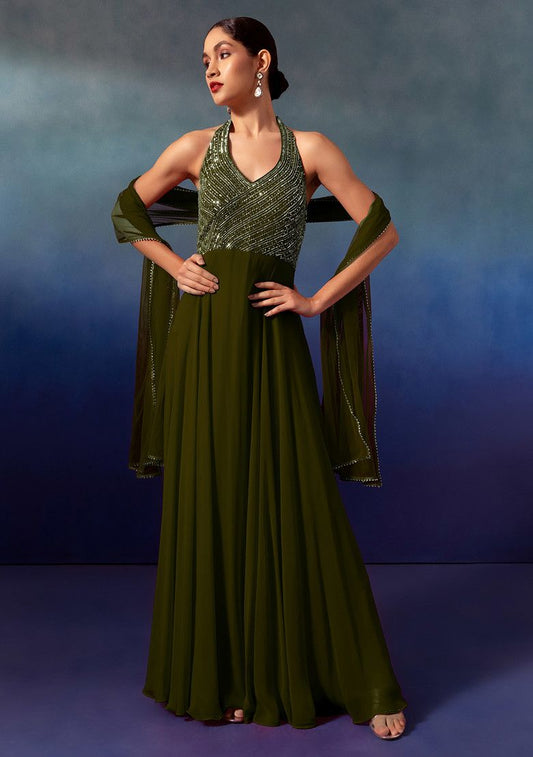 Olive Sequin And Bead Embellished Halter Anarkali Gown With Dupatta