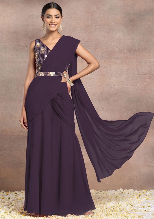 Mauve Draped Palazzo Set With Sequin Bead Hand Embroidered Blouse And Belt