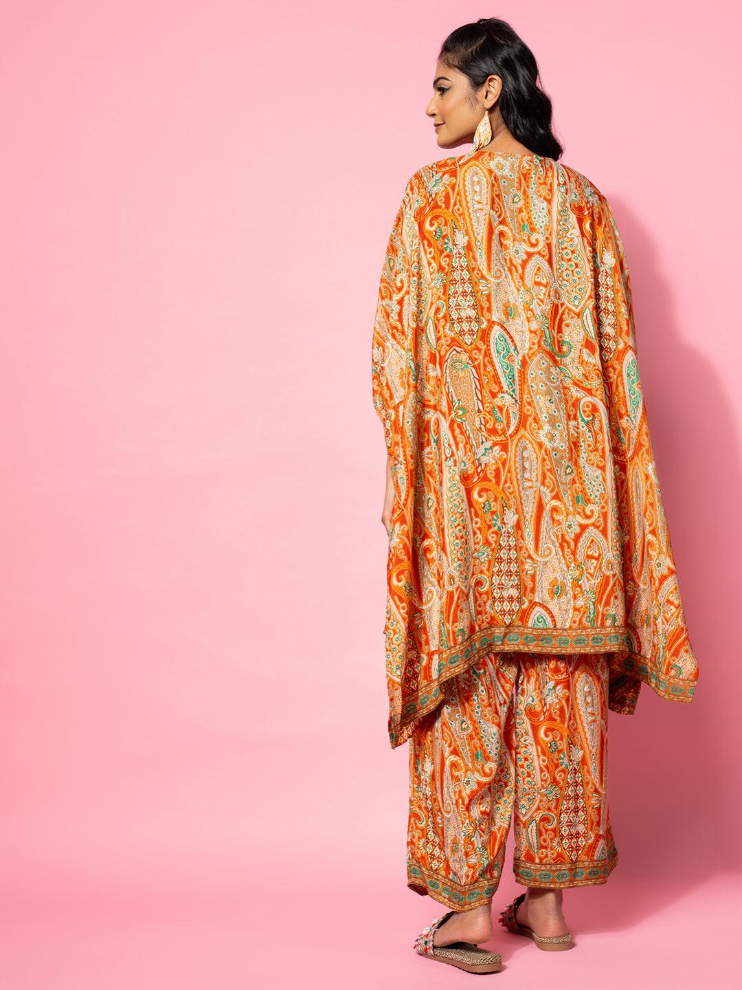 Orange Printed Silk Blend Co-Ords