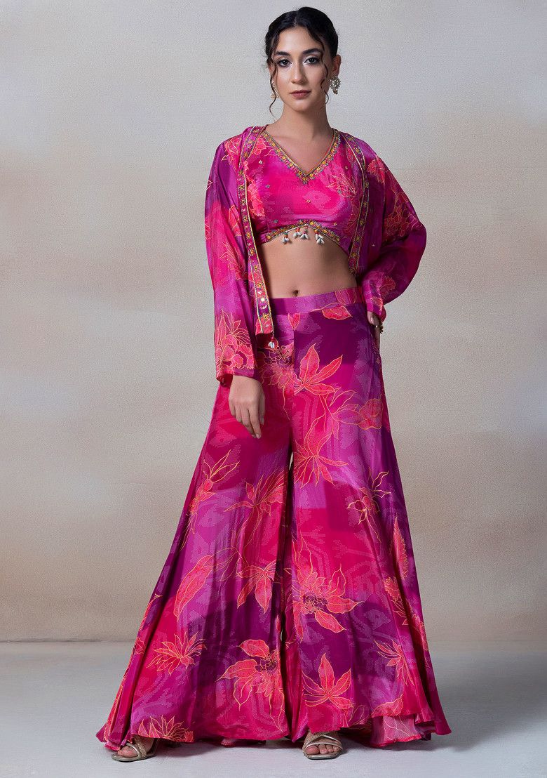 Pink Floral Print Sharara Set With Sequin Embellished Blouse And Printed Jacket