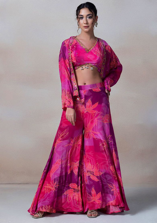 Pink Floral Print Sharara Set With Sequin Embellished Blouse And Printed Jacket