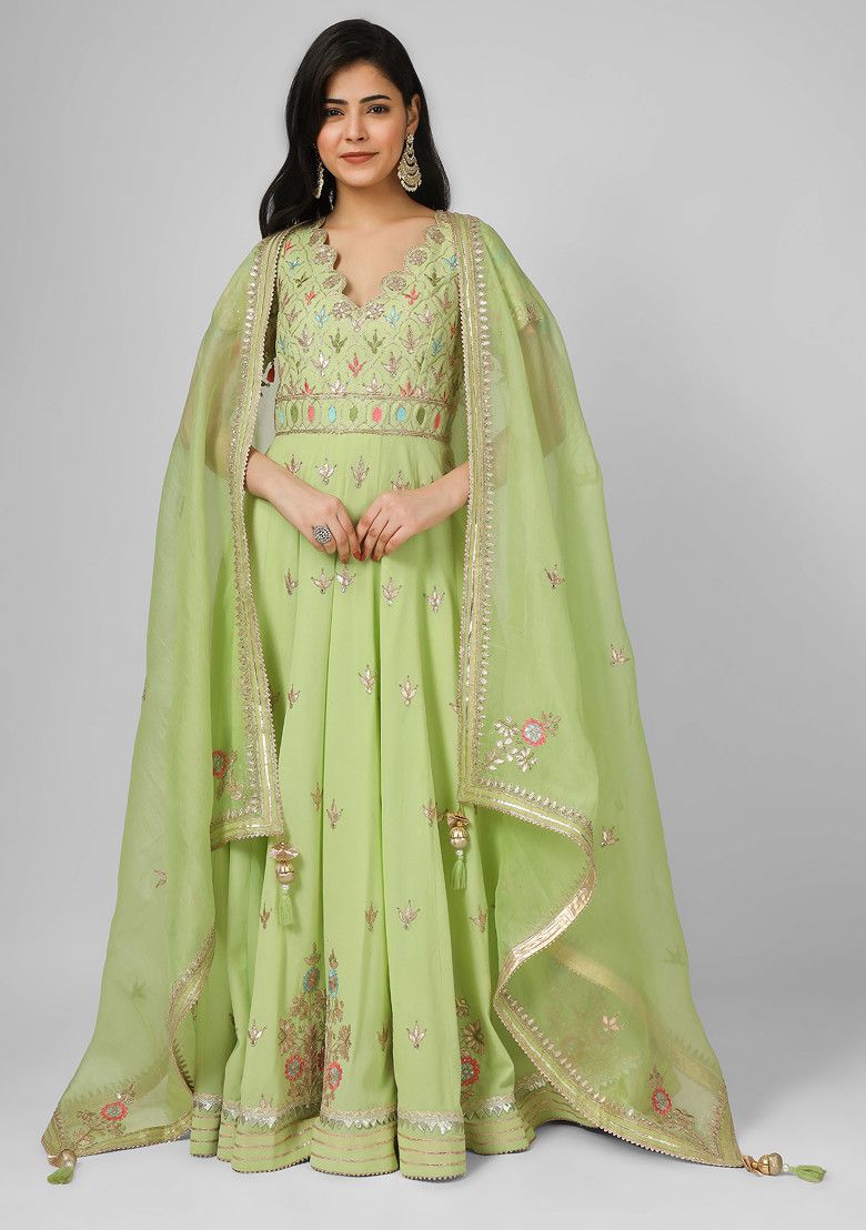 Lime Green Gotta Dori Embroidered Silk Georgette Anarkali Set