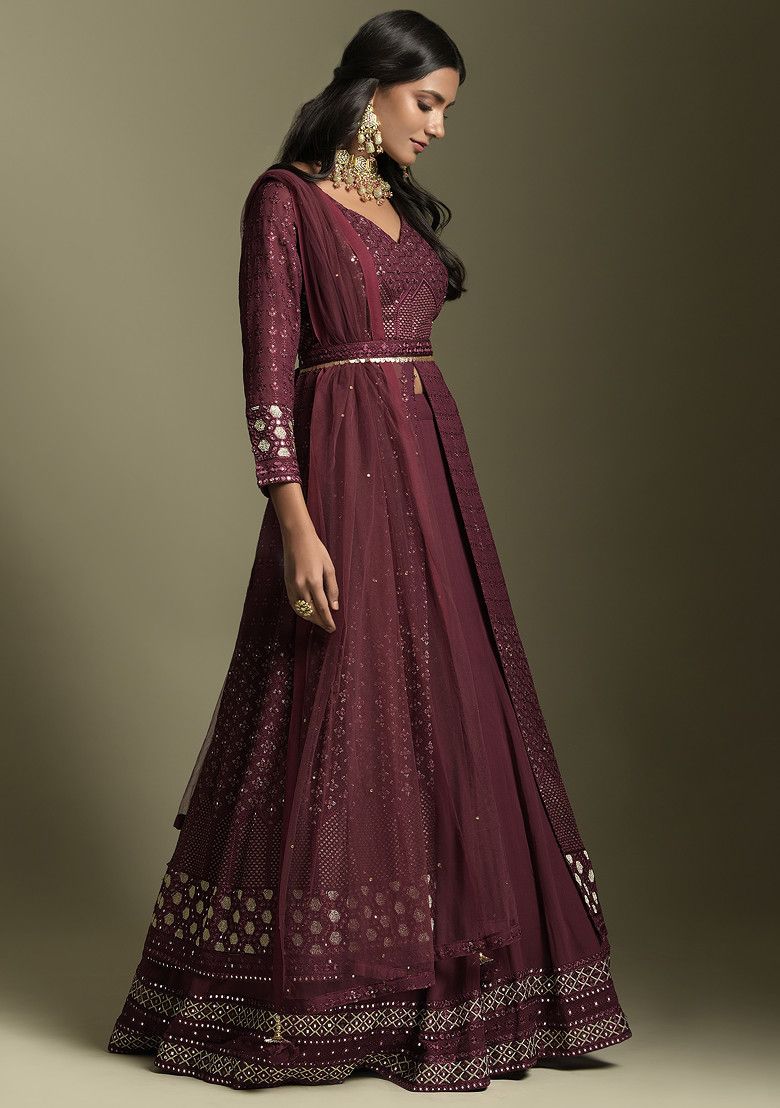 Maroon Resham Embroidered Georgette Anarkali Set