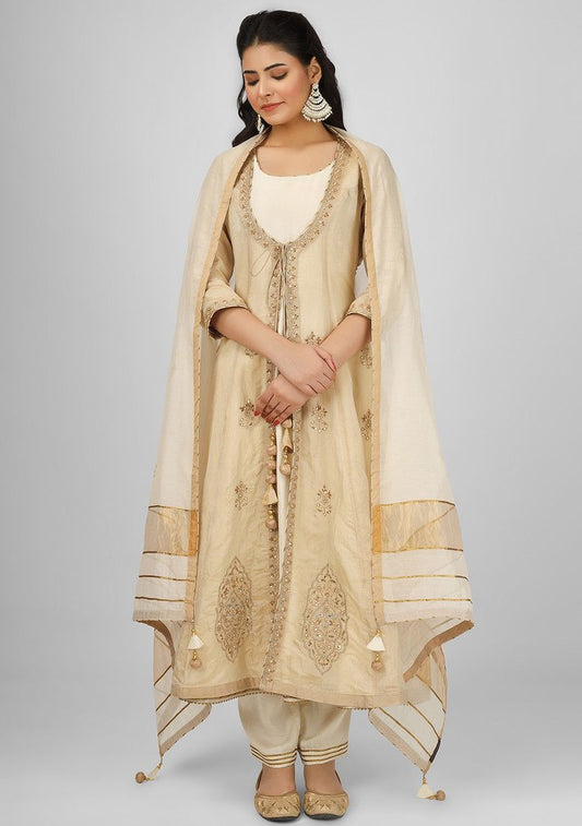 Ivory Taj Dori Embroidered Chanderi Jacket With Anarkali Set